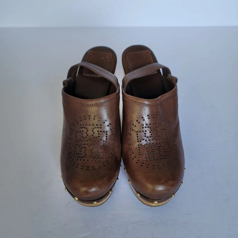 Tory Burch Brayden Perforated Leather Logo Slingback Wood Clogs. Size 7.5M